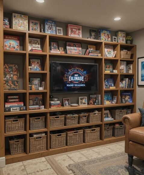 Basement Board Game Wall With Open Shelves