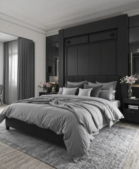 Black Bed Frame With Cozy Grey Bedding