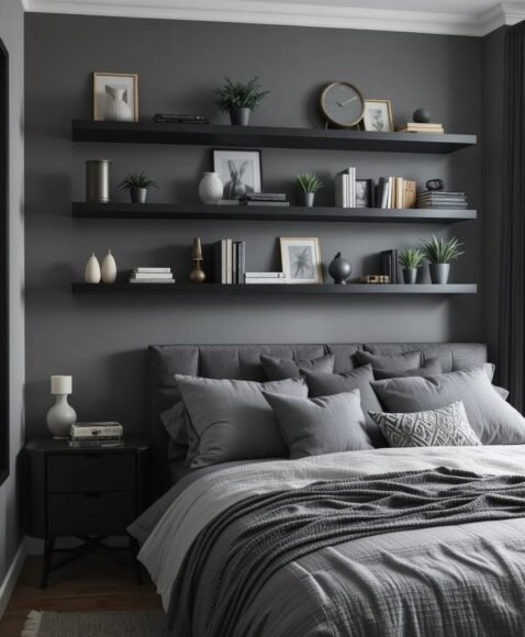 Black Floating Shelves With Grey Accessories
