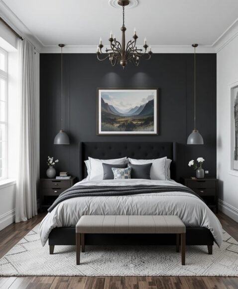 Charcoal Accent Wall Behind the Bed
