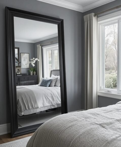 Black-Framed Mirror With Grey Surroundings