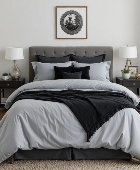 Grey Bedding With Black Throw Blankets
