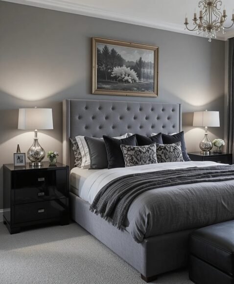 Grey Upholstered Headboard With Black Nightstands