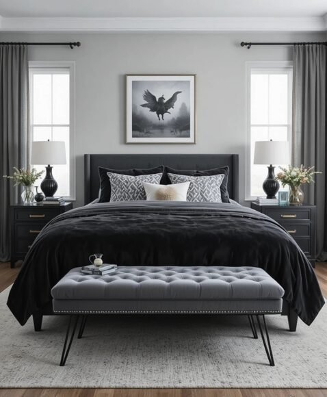 Grey Velvet Bench at the Foot of the Bed