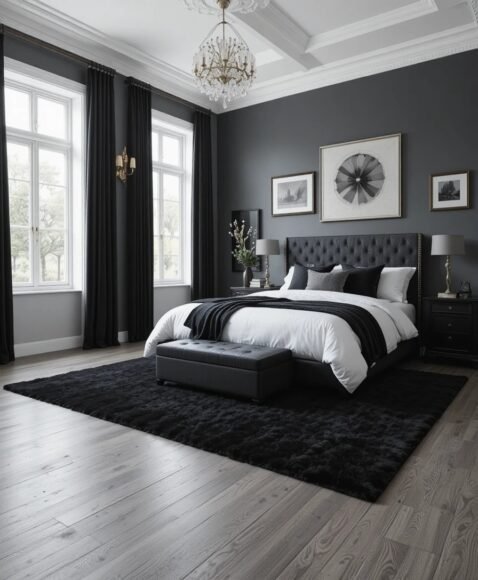 Grey Wooden Floors With Black Rugs