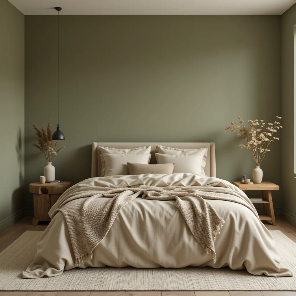 Olive Green with Soft Beige Bedding