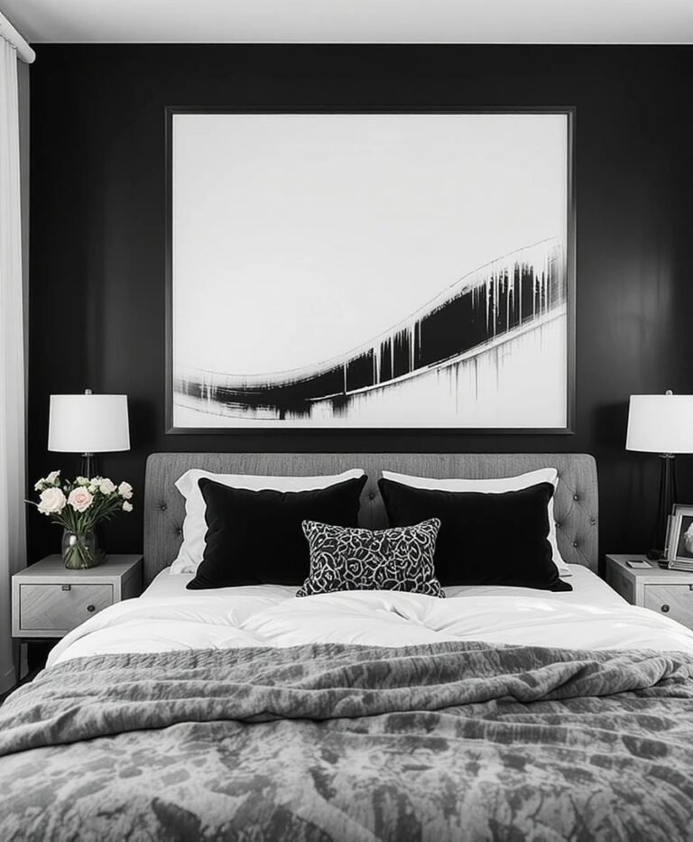 White Bedroom with Black Decor Highlights