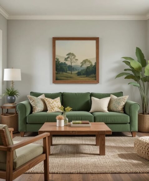 Pair Your Green Couch With Warm Wood Tones