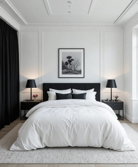 White Bedroom with Black Decor Highlights