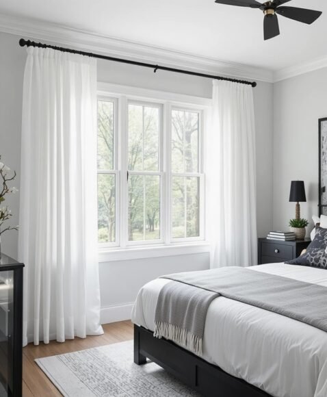 White Sheer Curtains with Black Rods for Light Balance