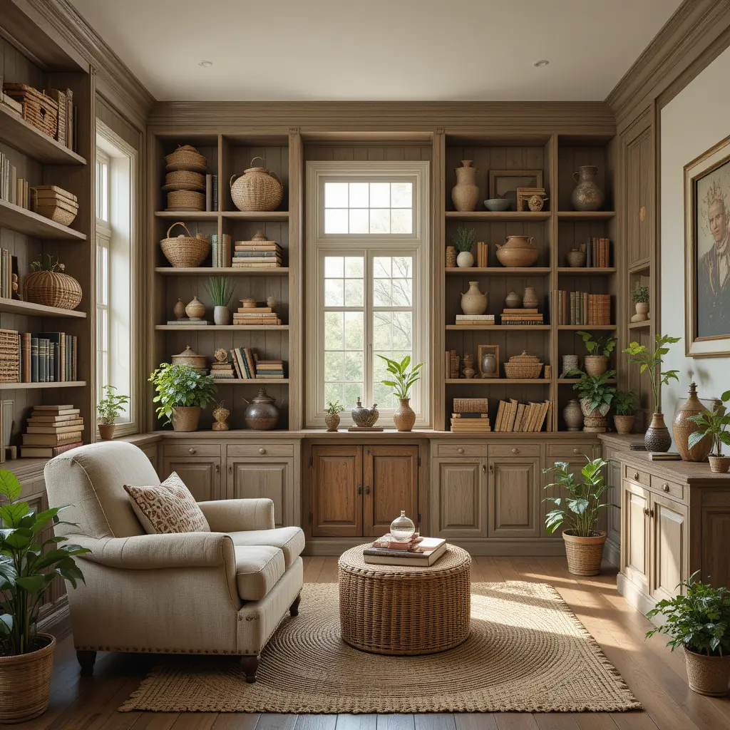 Built-In Bookshelves with Rustic Decor