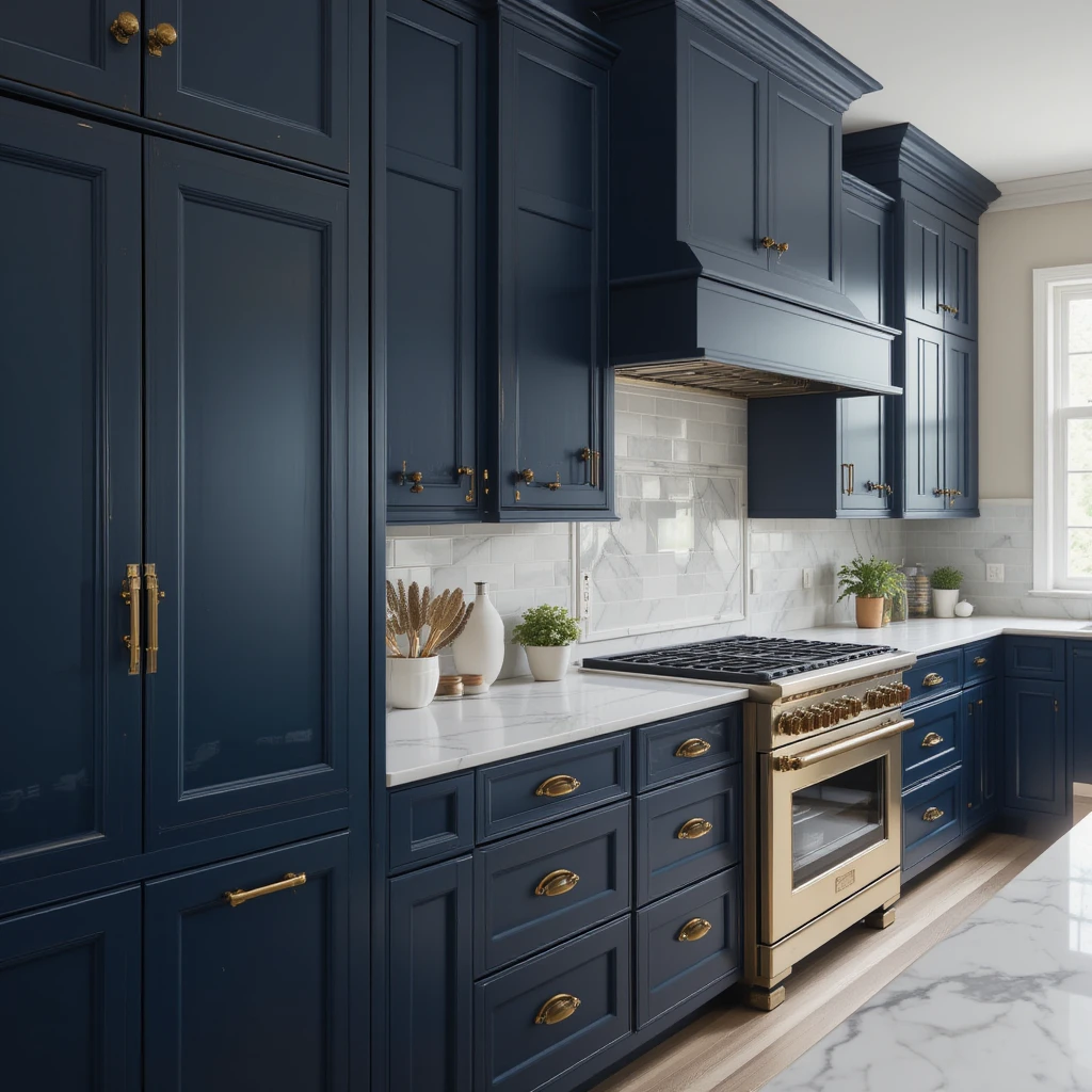 Classic Navy Cabinets with Brass Hardware