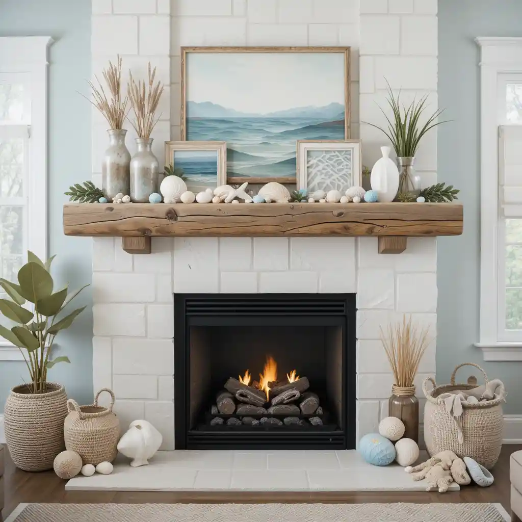 Coastal-Themed Fireplace with Driftwood Mantel