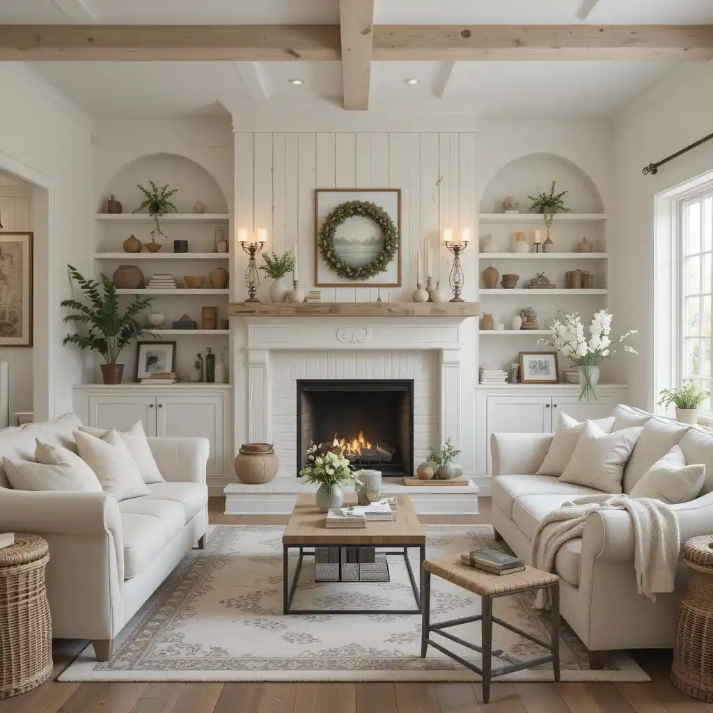 Cottage Fireplace with Whitewashed Surround