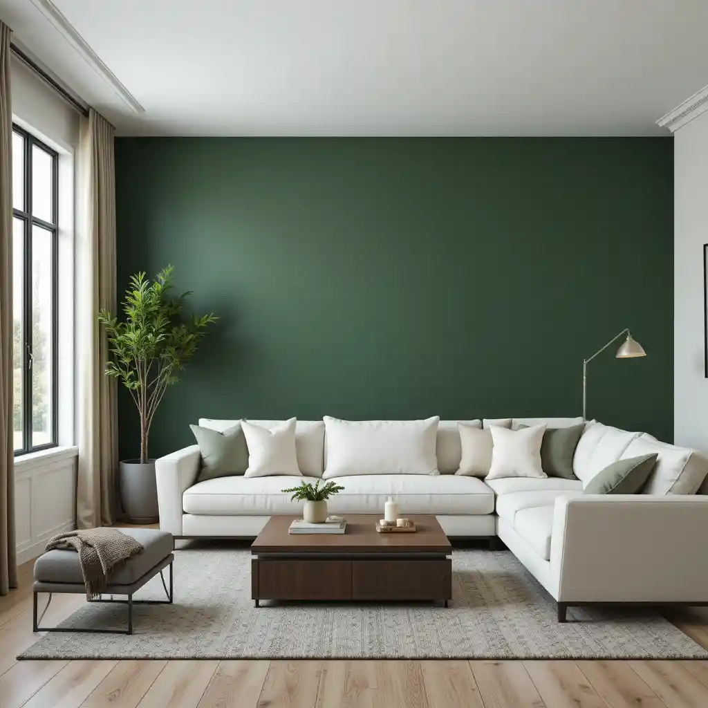 Dark Green Accent Wall with Light-Colored Furniture