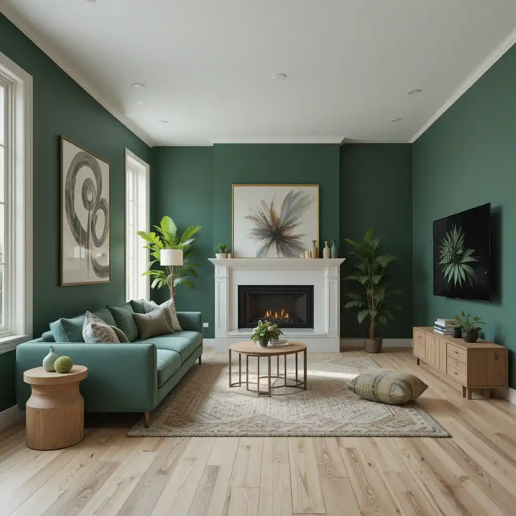Deep Green Accent Walls with Light Wood Flooring