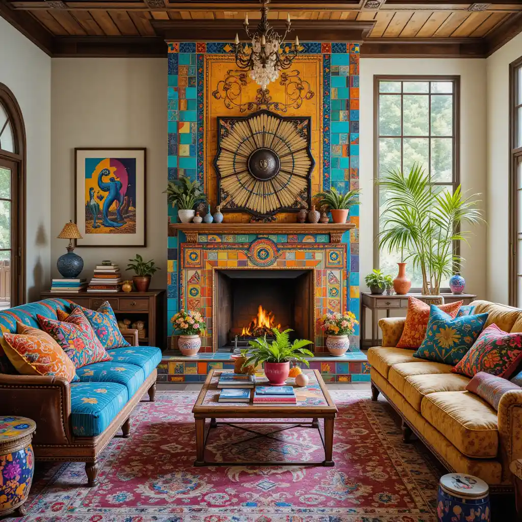 Fireplace with Colorful Tile Surround
