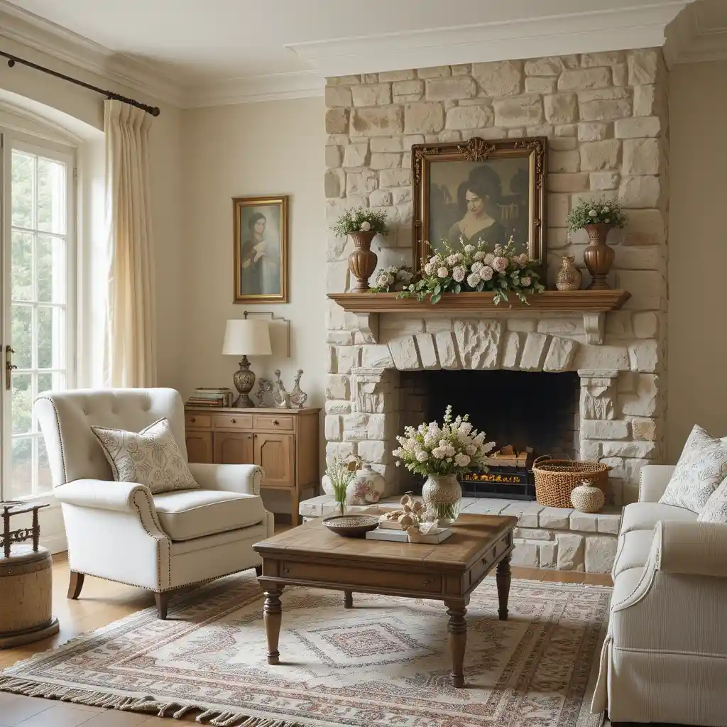 French Country Fireplace with Stone Surround
