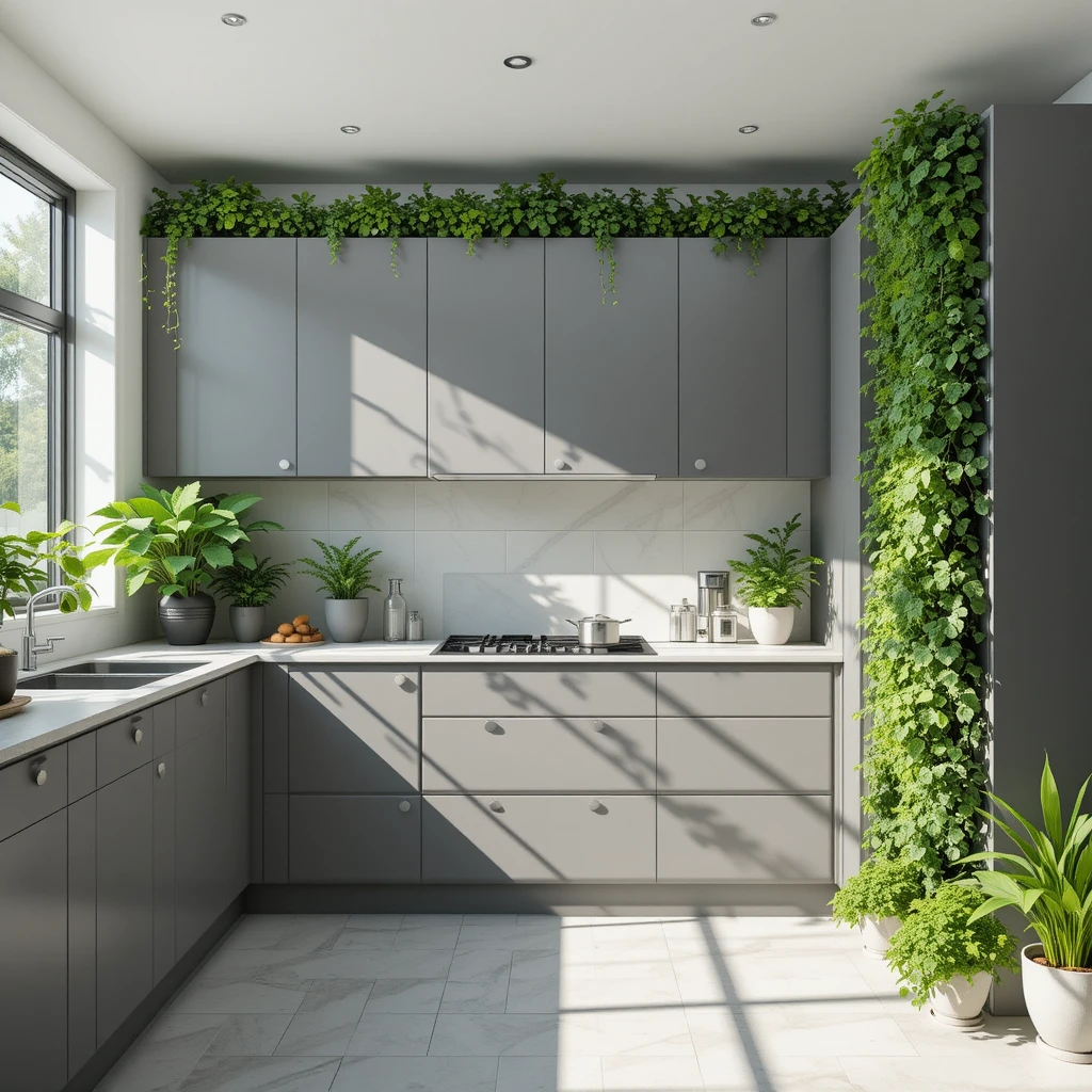 Gray Cabinets with Greenery Accents