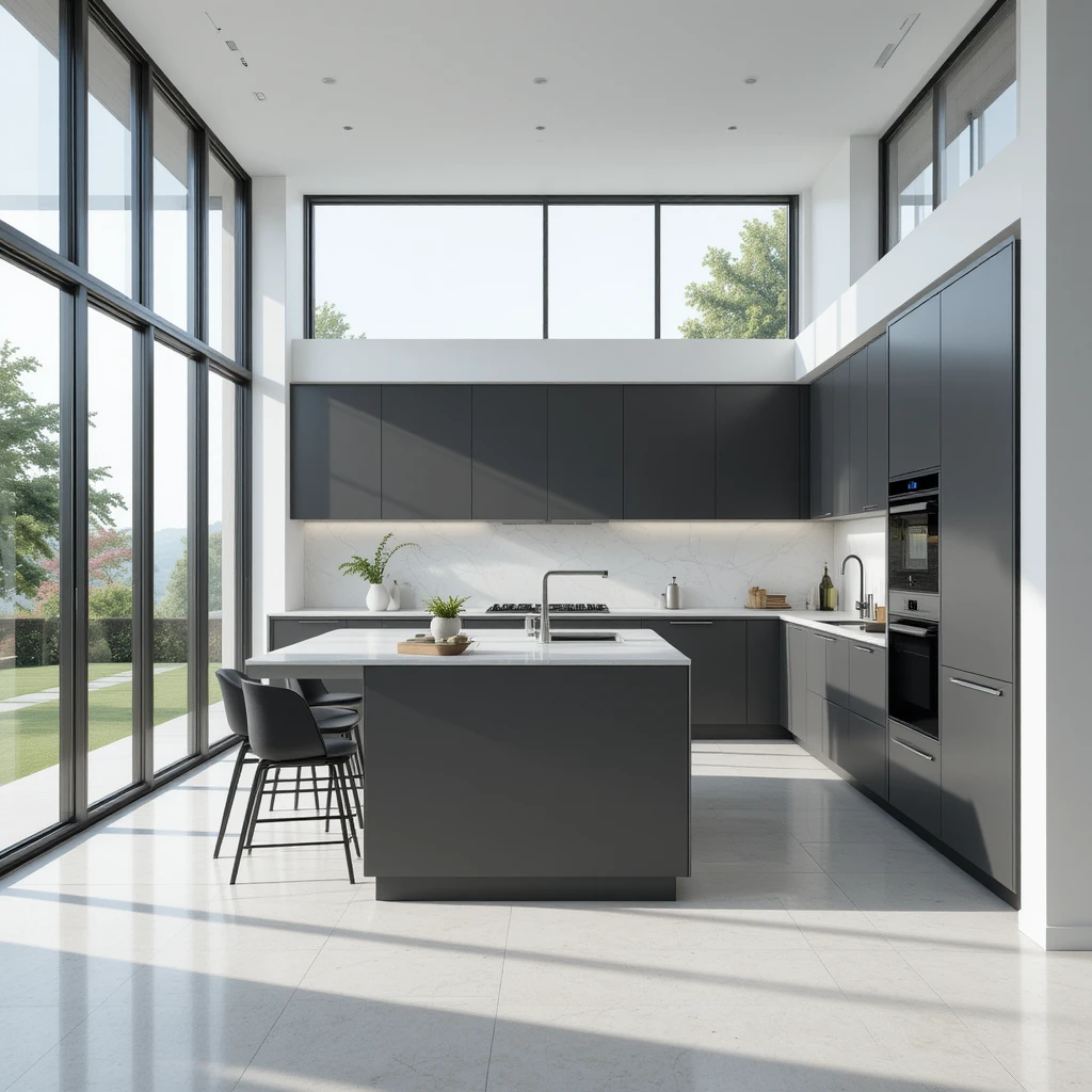 Gray Cabinets with Large Windows