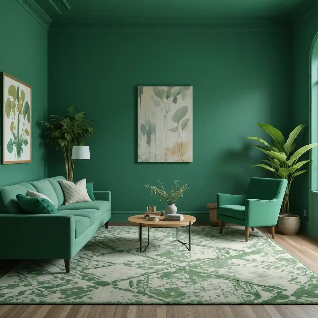 Green Patterned Rugs with Solid Walls
