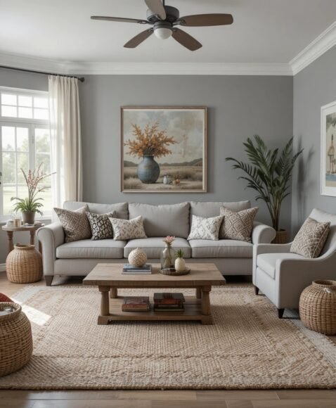 Grey Boho Living Room With Earthy Layers