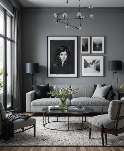 Grey Living Room Featuring Black Accents
