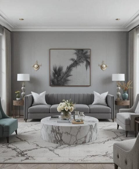 Grey Living Room With Marble Elements
