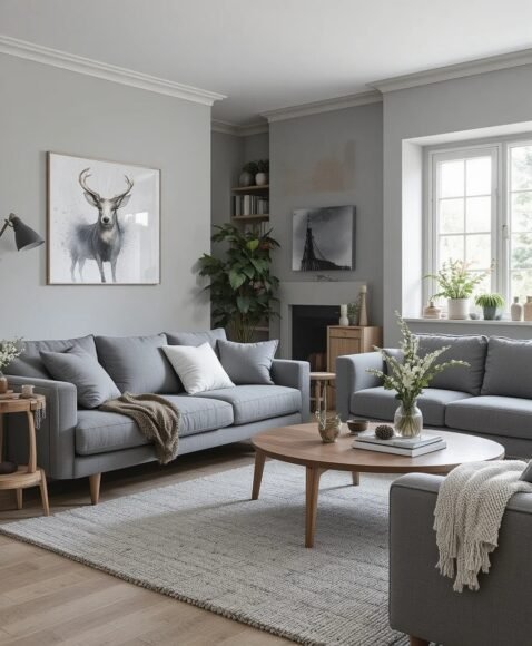 Grey Living Room With Natural Wood Accents