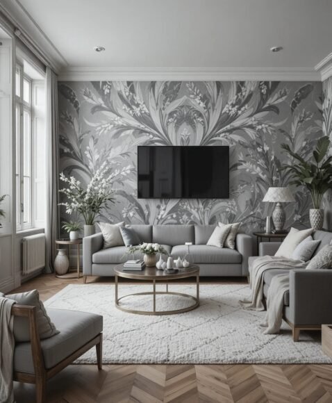Grey Living Room With Patterned Wallpaper