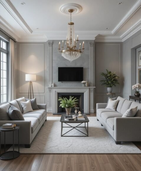 Grey Living Room With Statement Lighting