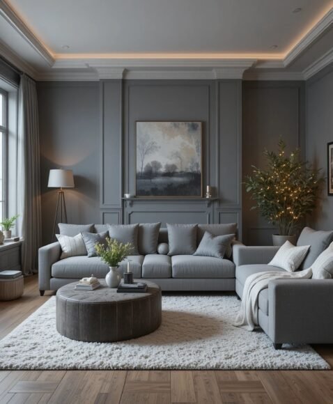 Grey Living Room With Warm Lighting Scheme