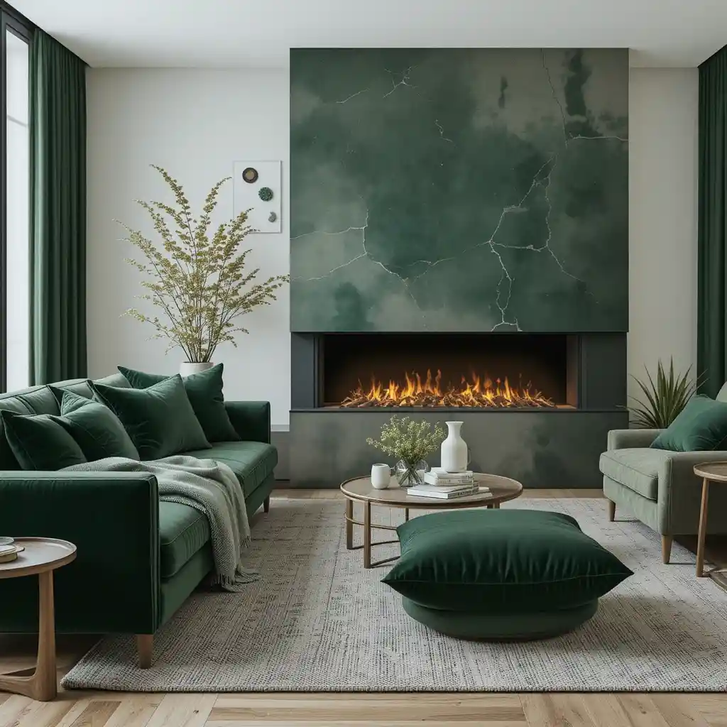 Layered Green Textures with a Modern Fireplace