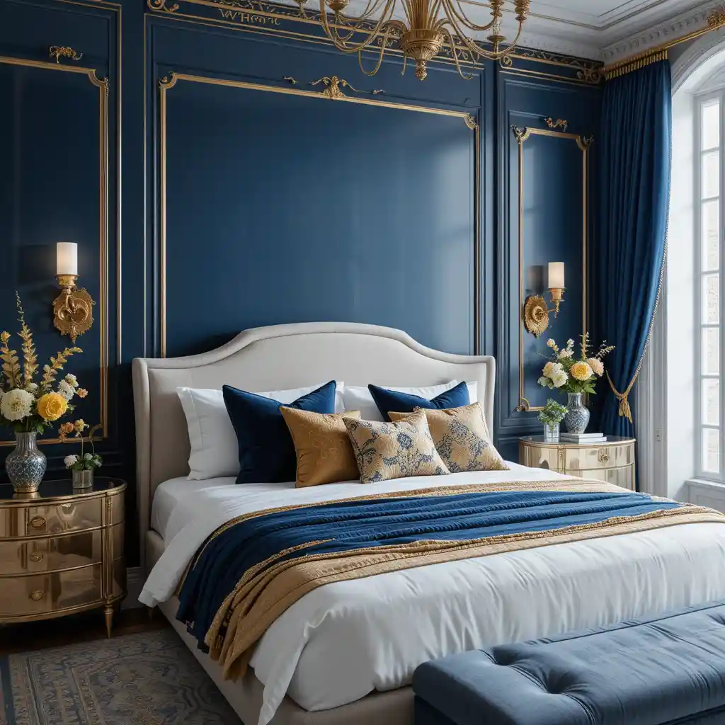 Navy Blue Accent Wall with Gold Trim