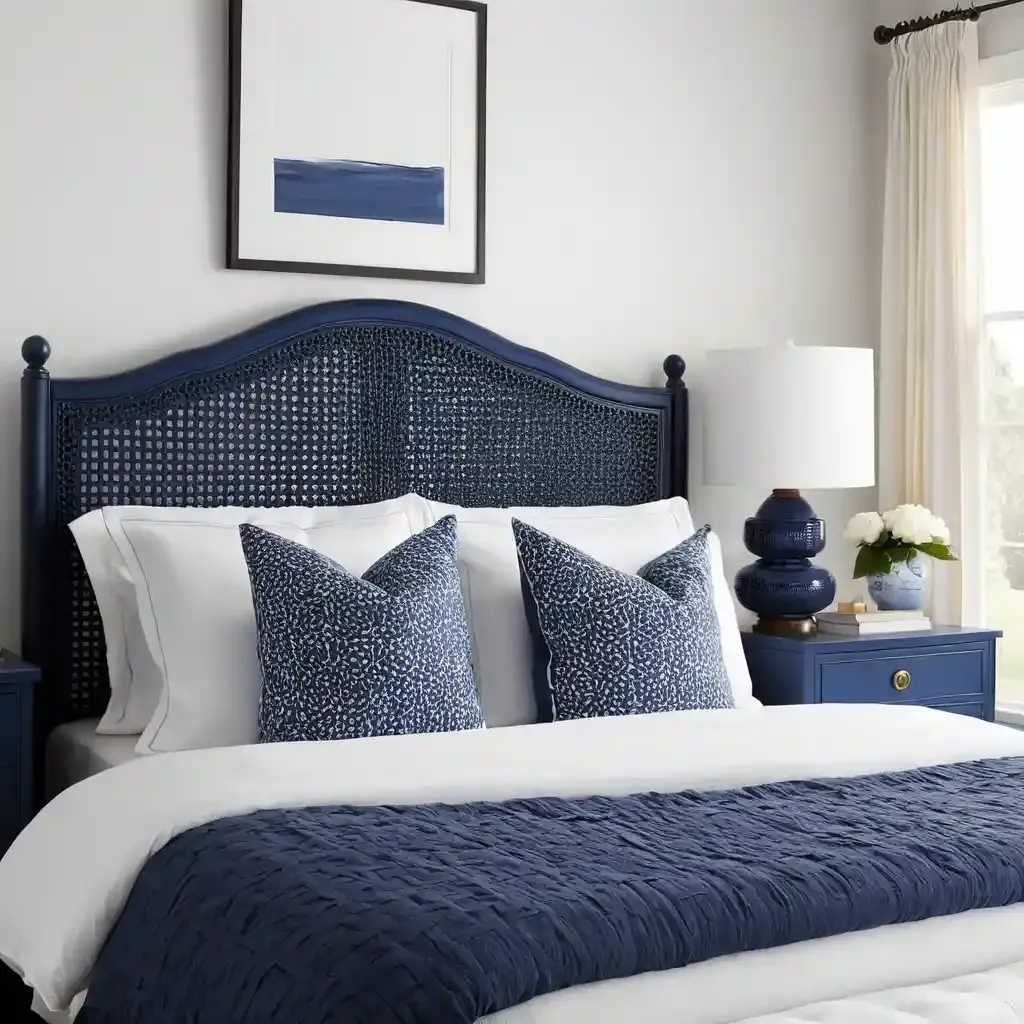 Navy Blue Caned Headboard