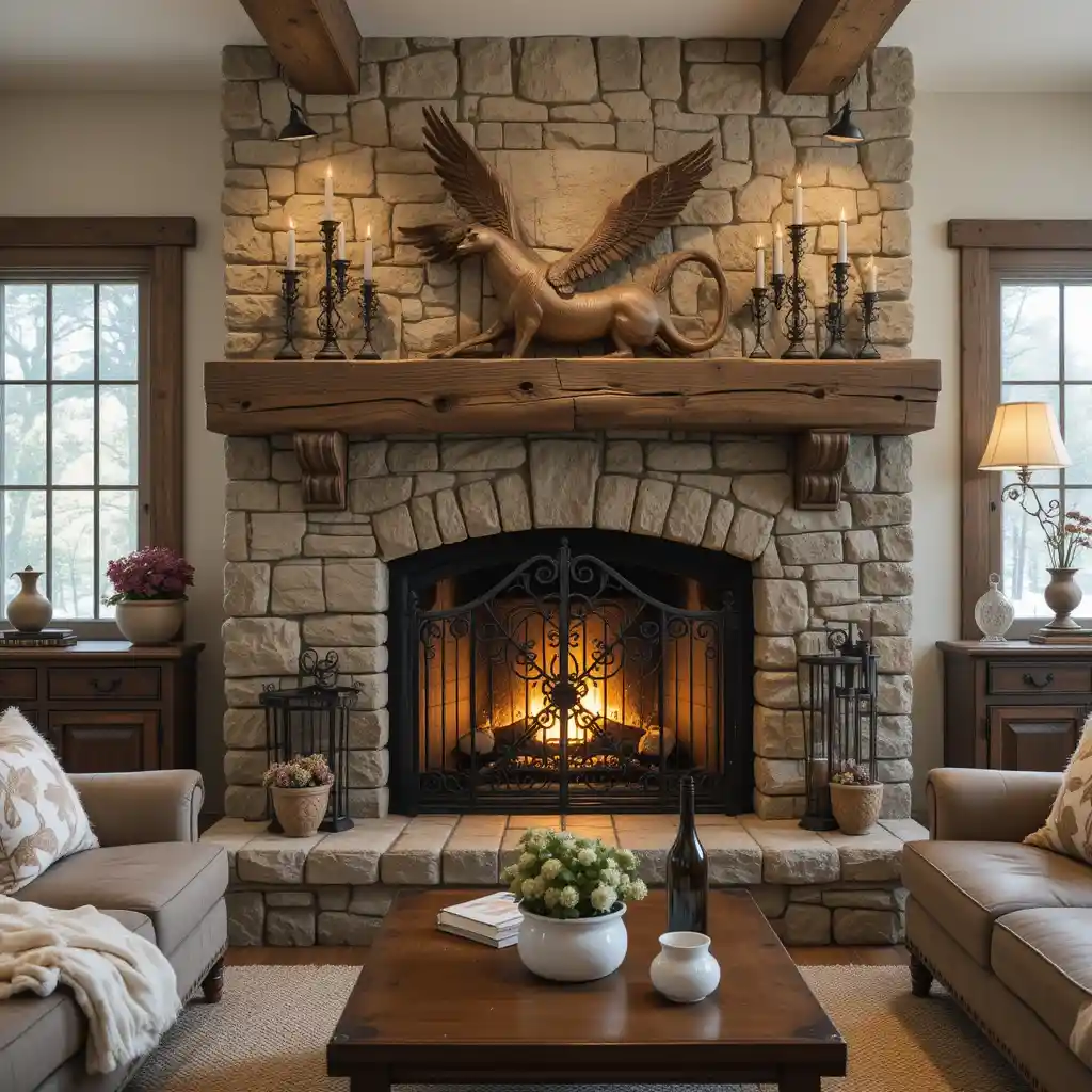 Rustic Farmhouse Fireplace with Wrought Iron Accents