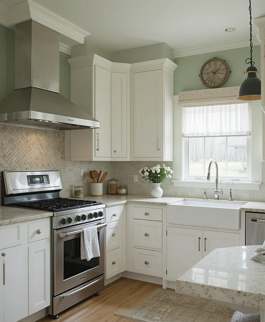 Sage Green Walls with White Cabinets