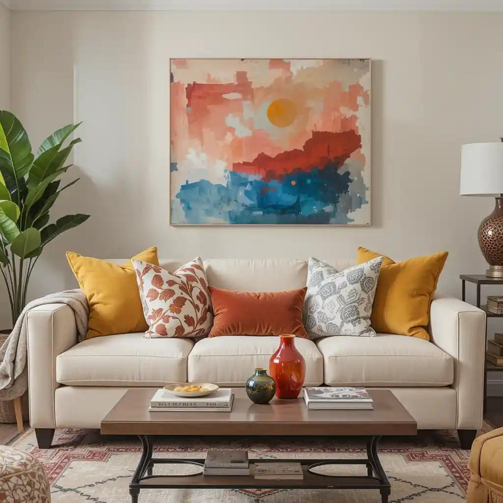 Statement Beige Sofa with Bold Accents