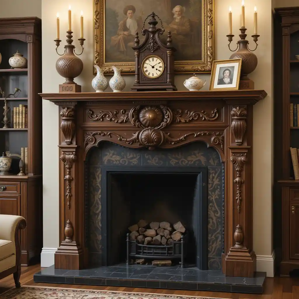 Traditional Wooden Mantel with Carvings