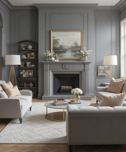 Warm Grey Living Room With Gold Highlights