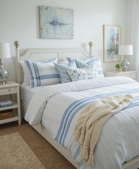 White Bedding with Blue Stripes