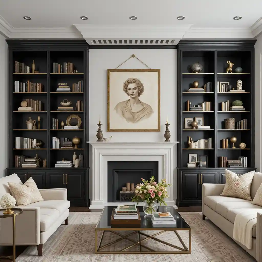 Black Bookshelves with Gold Trim