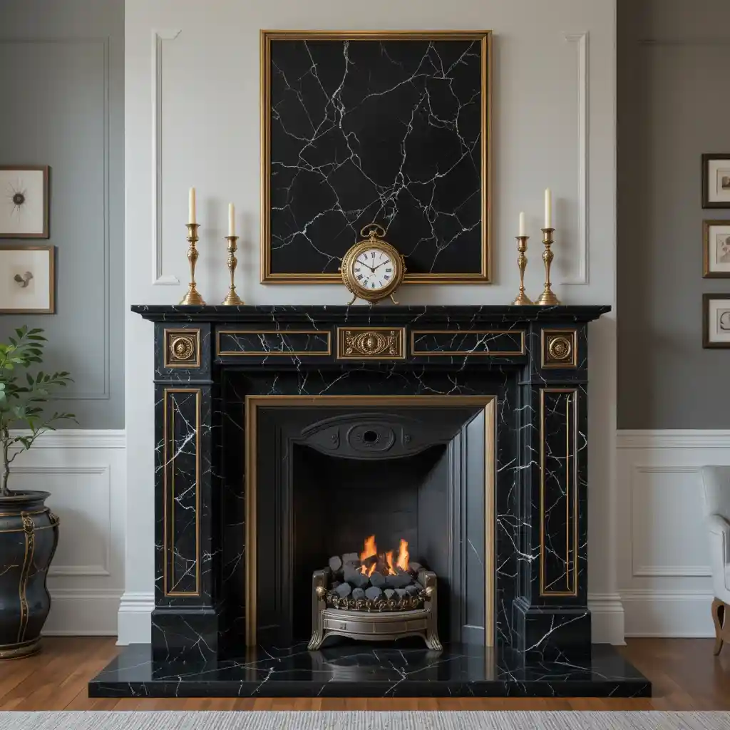 Black Marble Fireplace with Gold Trims