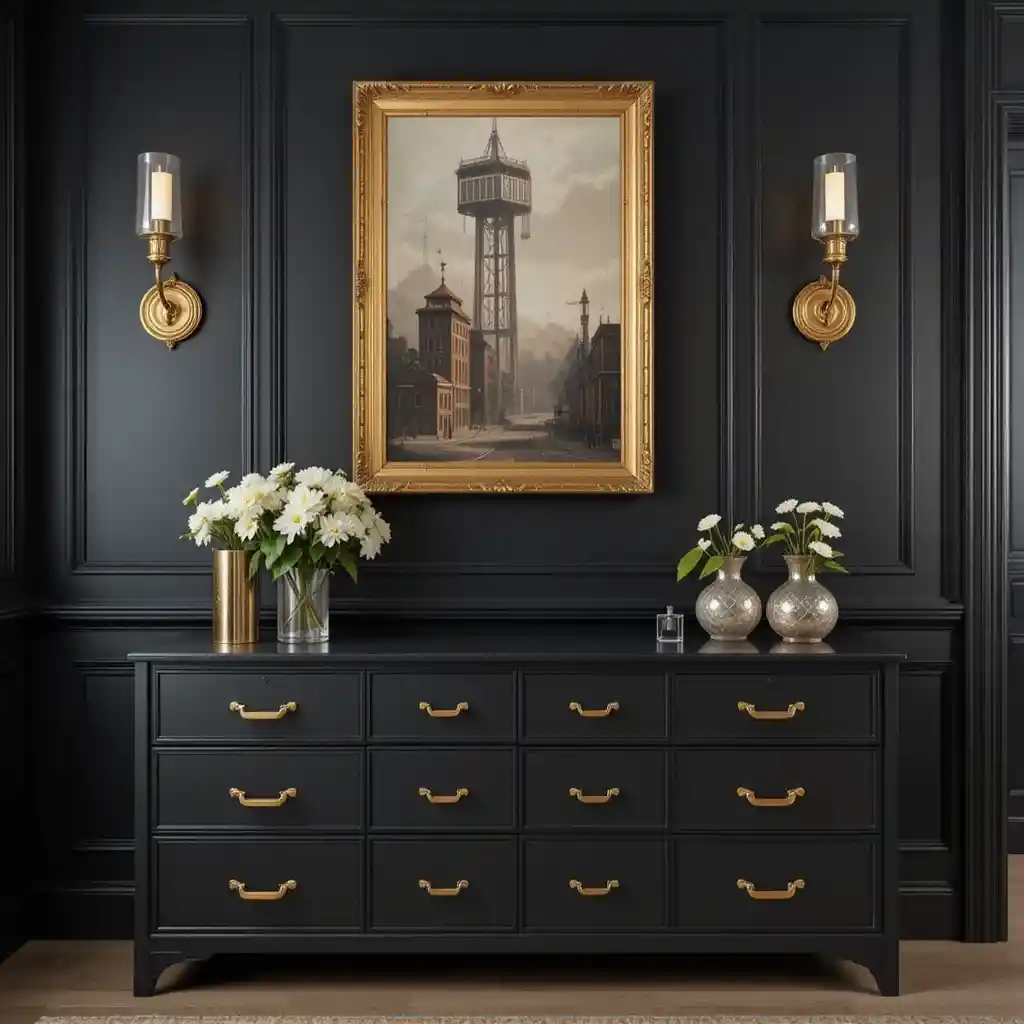 Black Paneled Walls with Gold Hardware