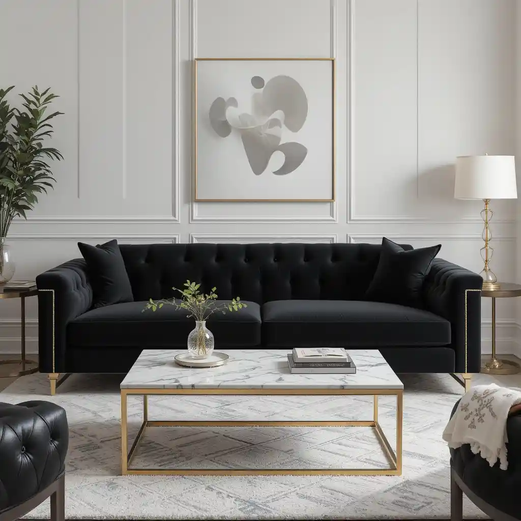 Black Velvet Sofa with Gold Legs