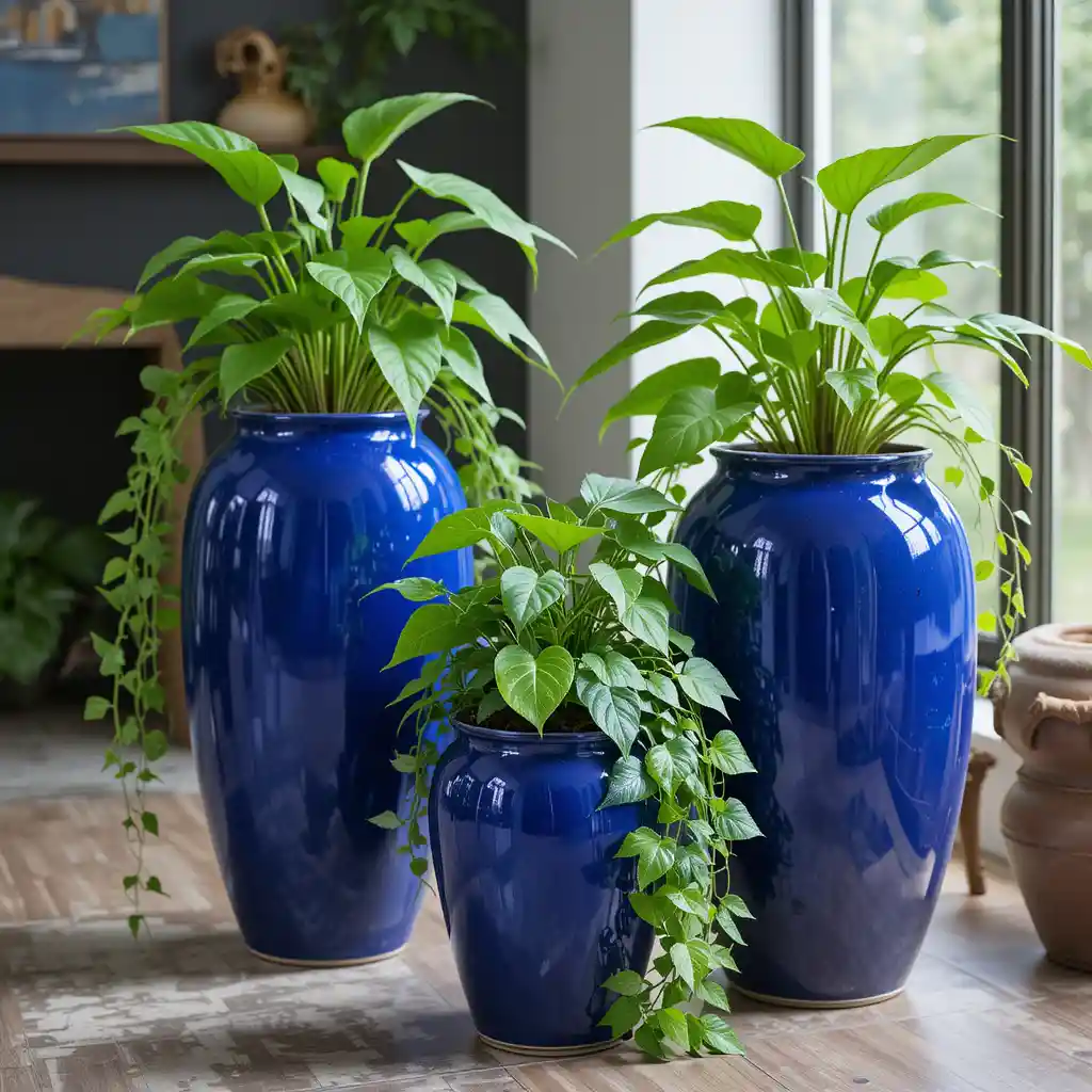 Cobalt Blue Ceramic Planters with Overflowing Greenery