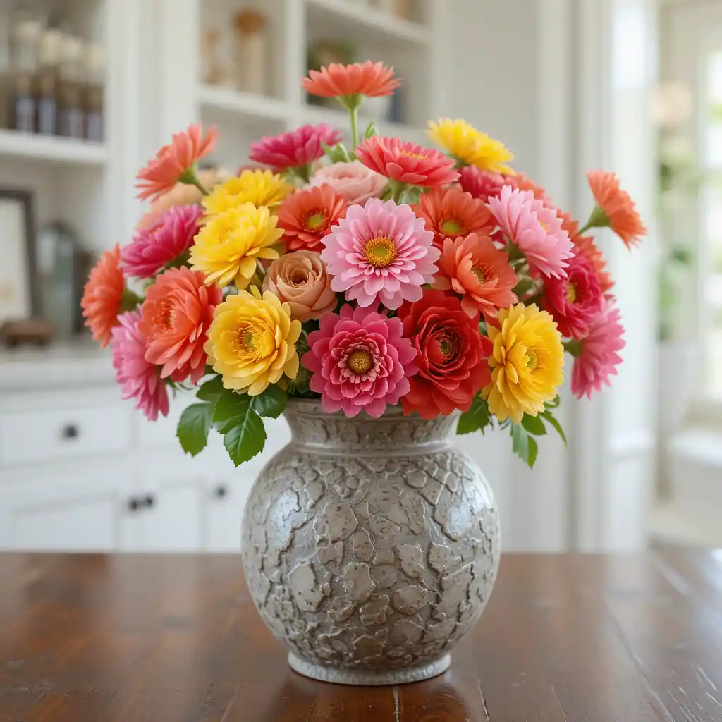 Colorful Ranunculus in a Stone Vase