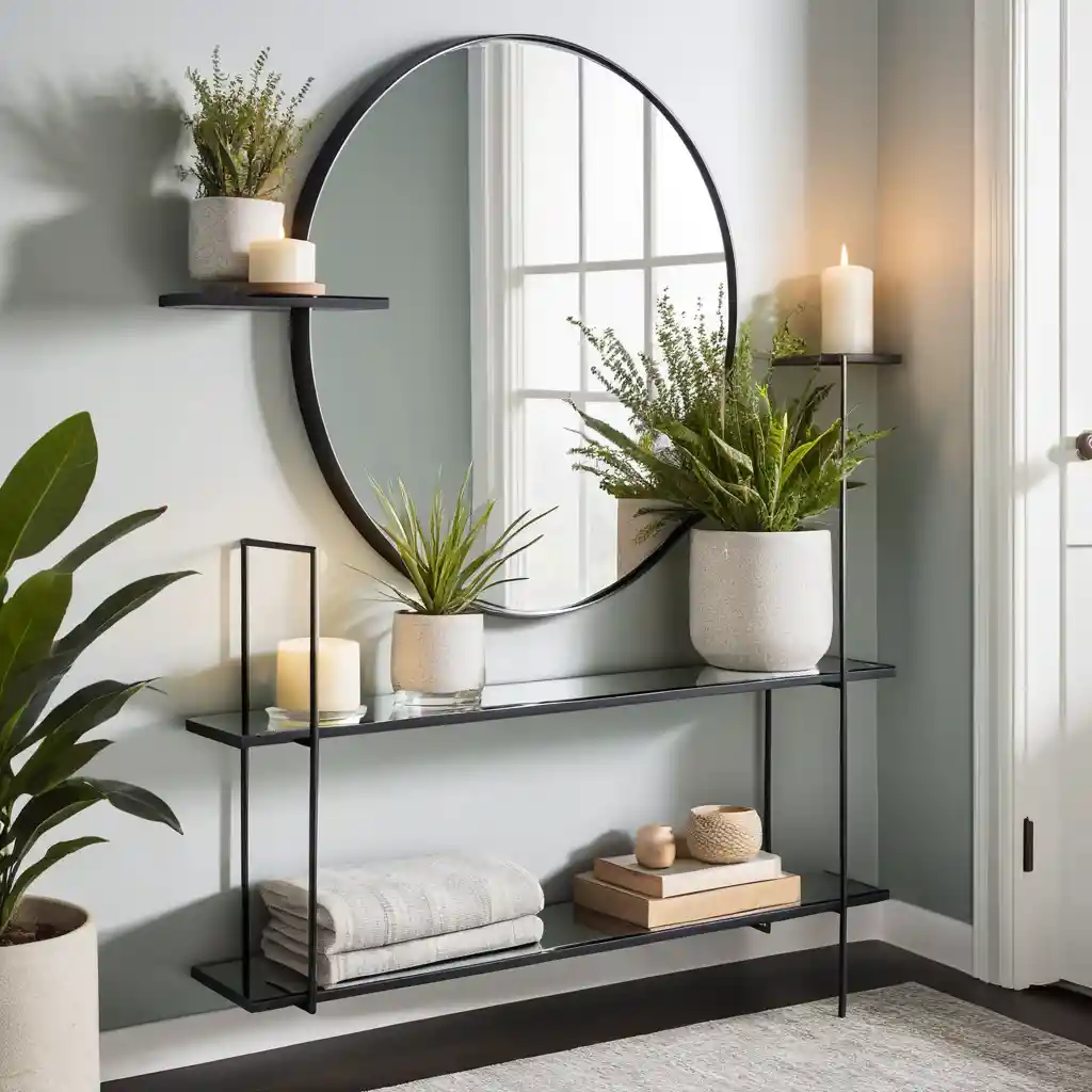 Floating Mirror Shelves for Dual Functionality 