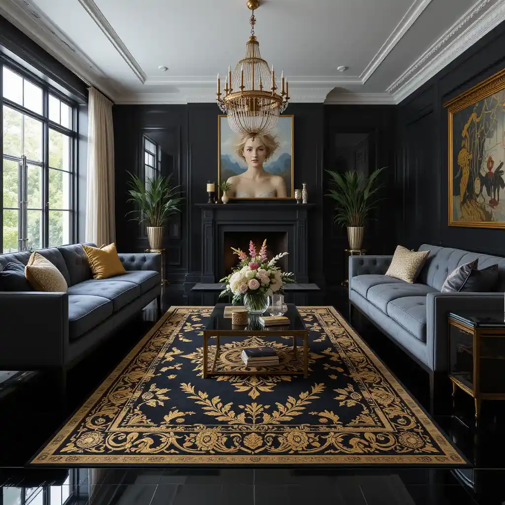 Glossy Black Floors with Gold-Inlaid Rugs