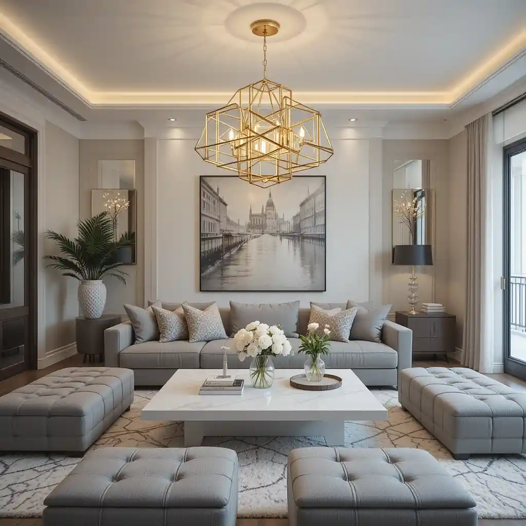 Gold Geometric Chandelier Over a White Coffee Table